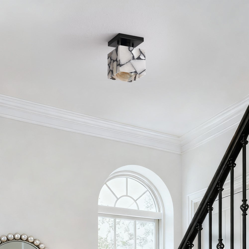 Alabaster 5" 1-Light Modern Contemporary Alabaster/Iron Cube LED Semi Flush Mount