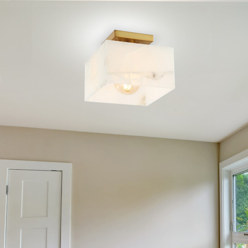 Addis 8" 1-Light Modern Contemporary Alabaster/Iron Square LED Semi Flush Mount