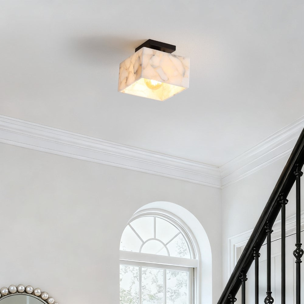 Addis 8" 1-Light Modern Contemporary Alabaster/Iron Square LED Semi Flush Mount