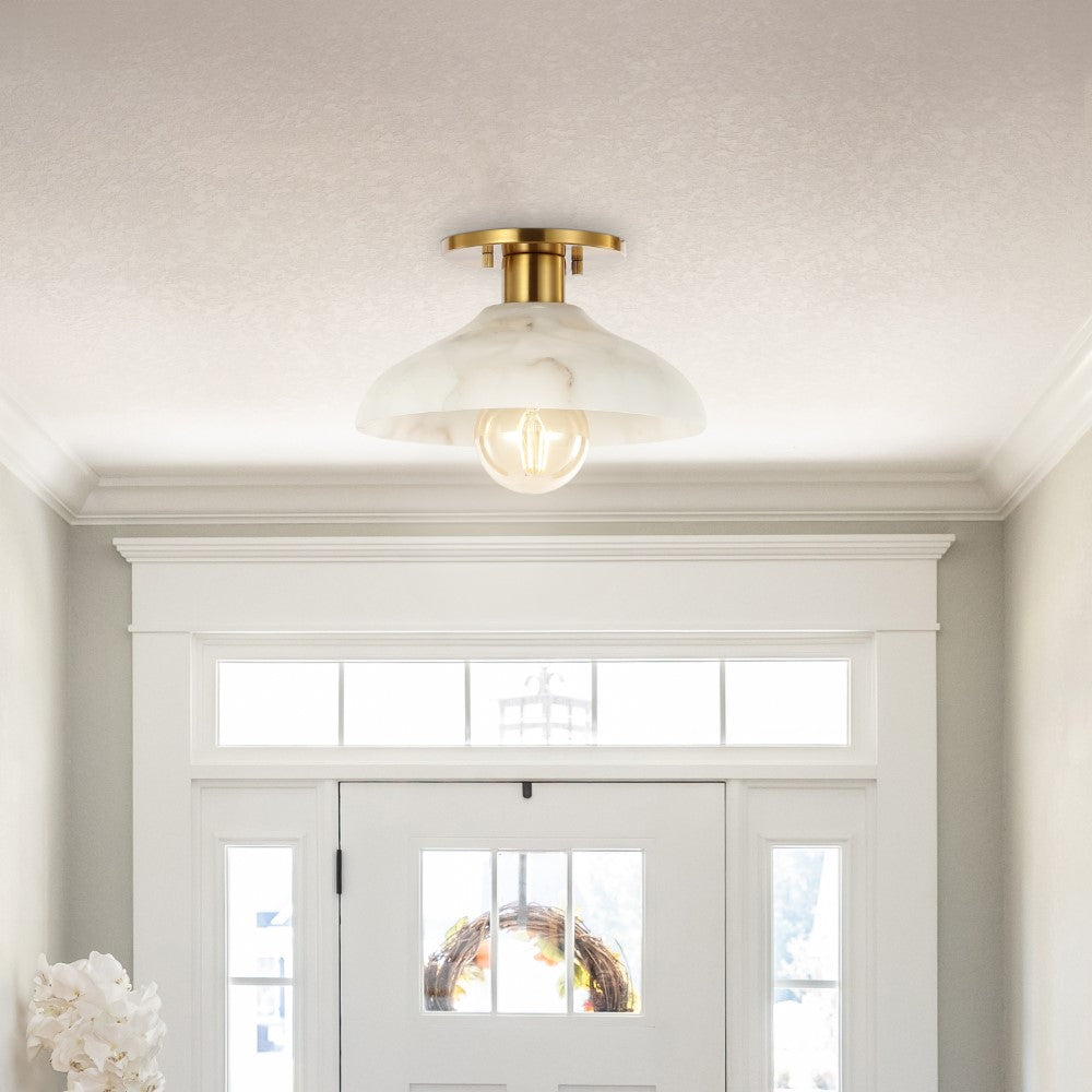 Ankeny 10" 1-Light Mid-Century Classic Alabaster/Iron LED Semi Flush Mount