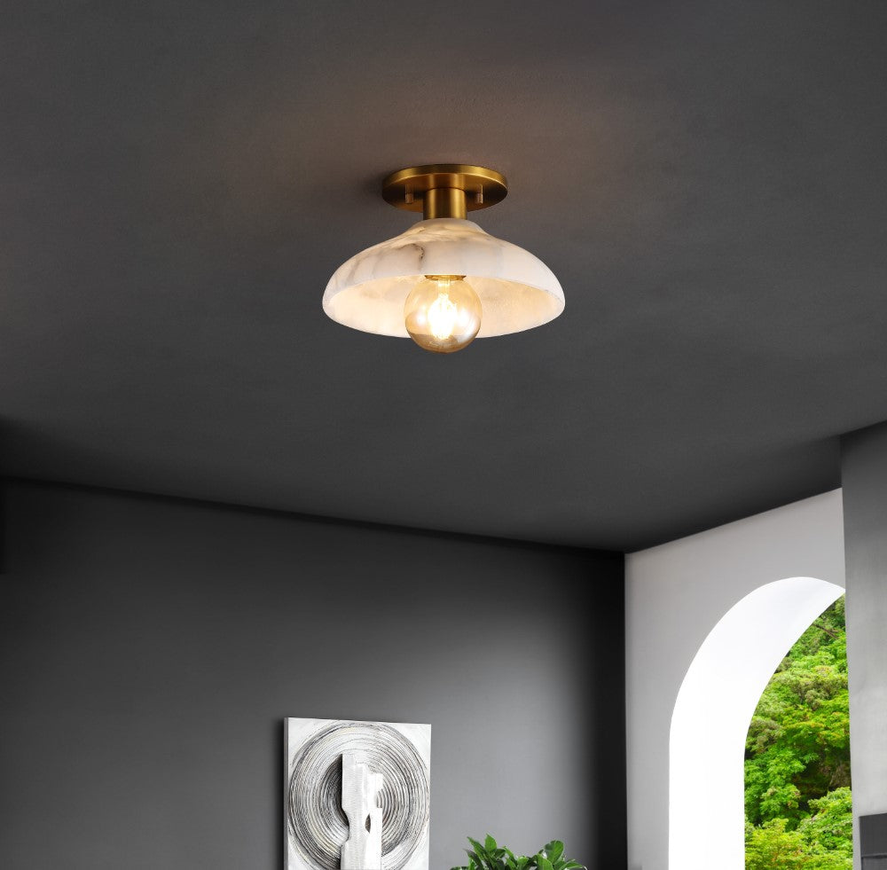 Ankeny 10" 1-Light Mid-Century Classic Alabaster/Iron LED Semi Flush Mount