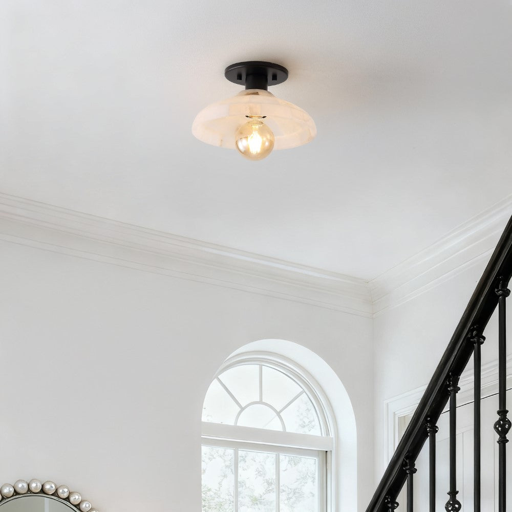 Ankeny 10" 1-Light Mid-Century Classic Alabaster/Iron LED Semi Flush Mount