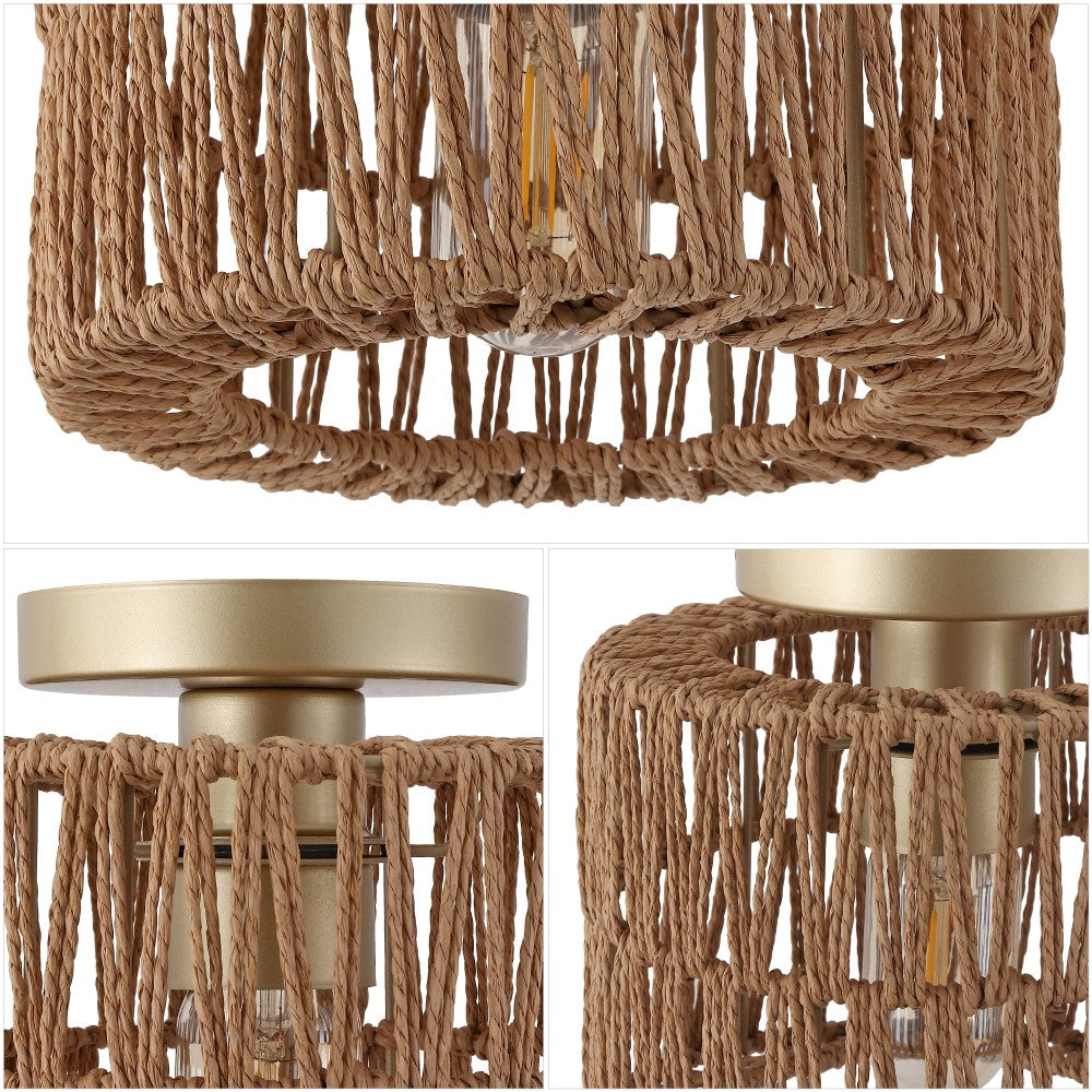 Brindle 8 in. 1-Light Modern Bohemian Metal and Cross Woven Paper Rope Drum LED Flush Mount