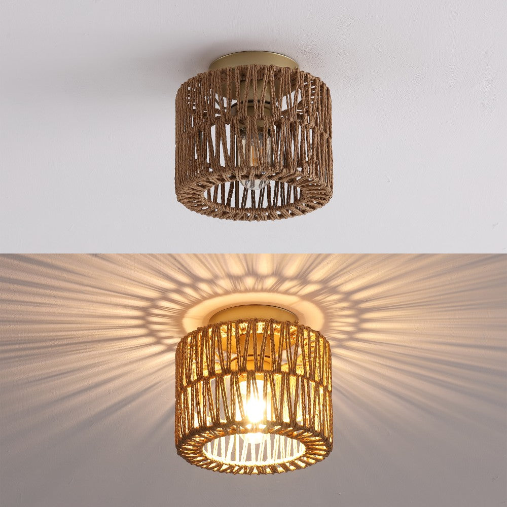 Brindle 8 in. 1-Light Modern Bohemian Metal and Cross Woven Paper Rope Drum LED Flush Mount