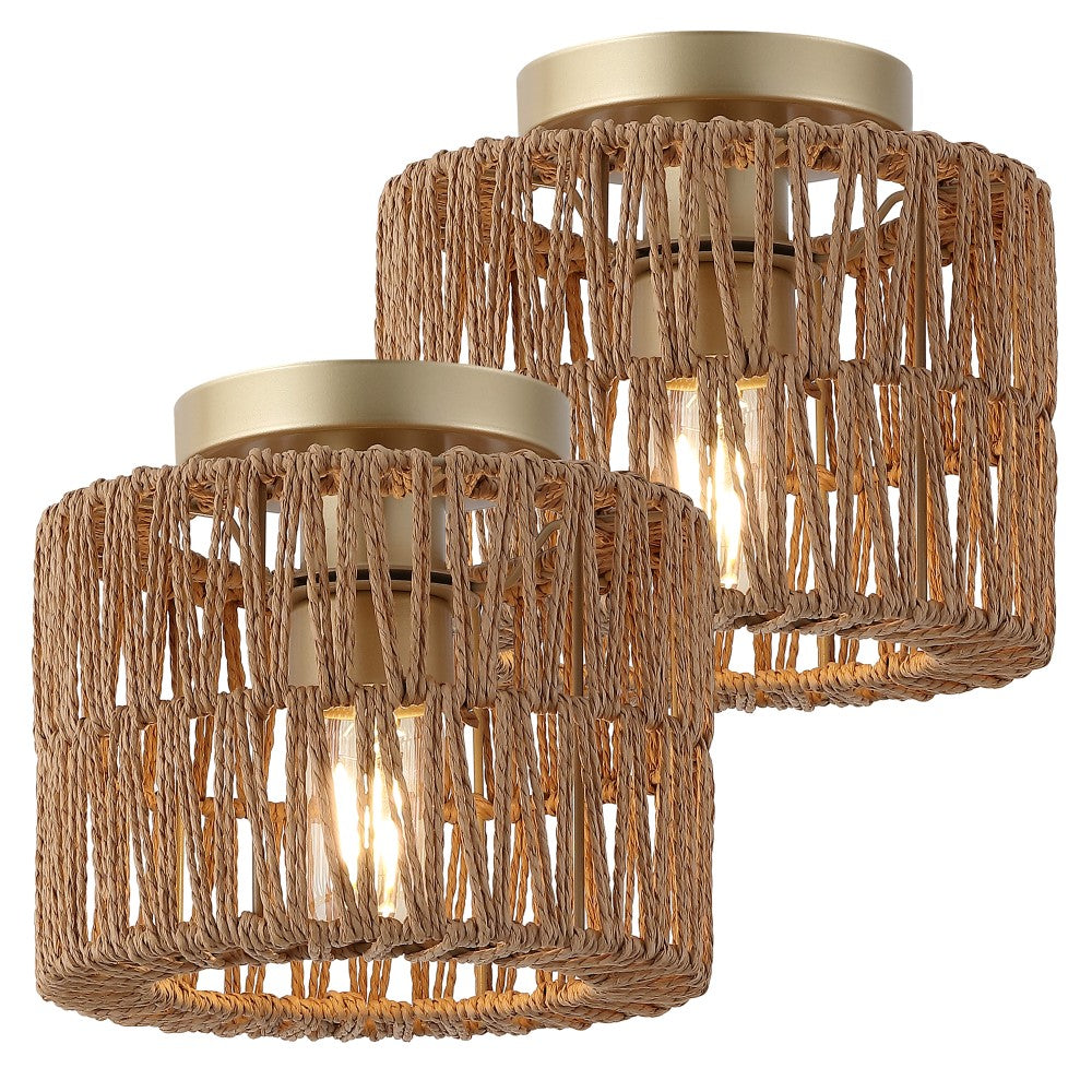Brindle 8 in. 1-Light Modern Bohemian Metal and Cross Woven Paper Rope Drum LED Flush Mount