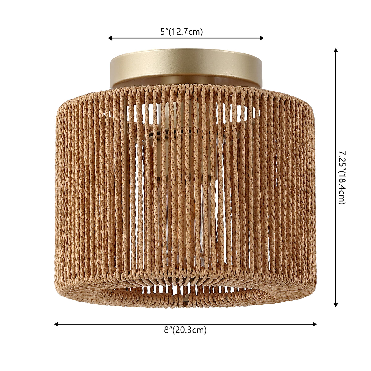 Brindle 8 in. 1-Light Modern Bohemian Metal and Cross Woven Paper Rope Drum LED Flush Mount