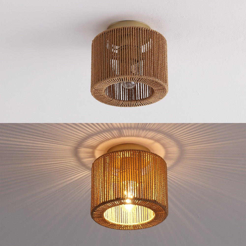 Brindle 8 in. 1-Light Modern Bohemian Metal and Cross Woven Paper Rope Drum LED Flush Mount