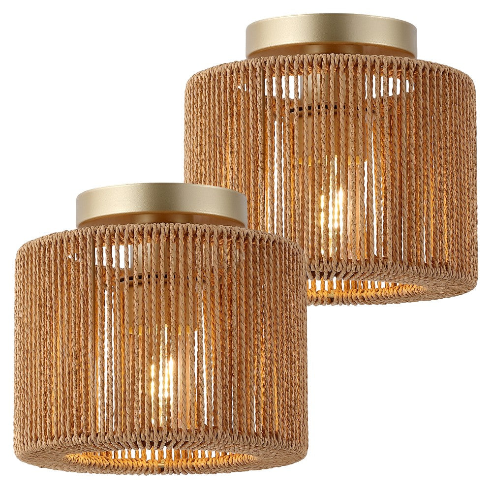 Brindle 8 in. 1-Light Modern Bohemian Metal and Cross Woven Paper Rope Drum LED Flush Mount