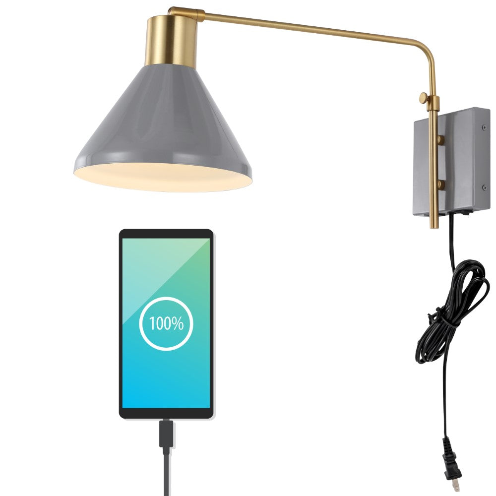 Agnes 20.5" Swing Arm Modern Midcentury Iron USB Charging Port LED Sconce