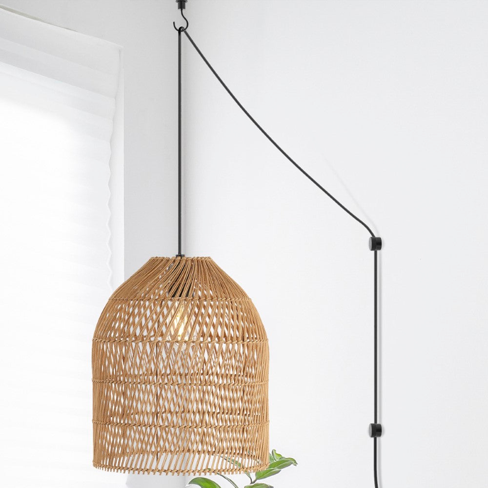 Hardwired 13" Farmhouse Coastal Bohemian Rattan 180" Cord Plug-In or Hardwired LED Pendant
