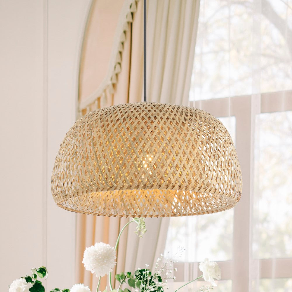 LITFAD 18" Farmhouse Coastal Bamboo 180" Cord Plug-In or Hardwired LED Pendant