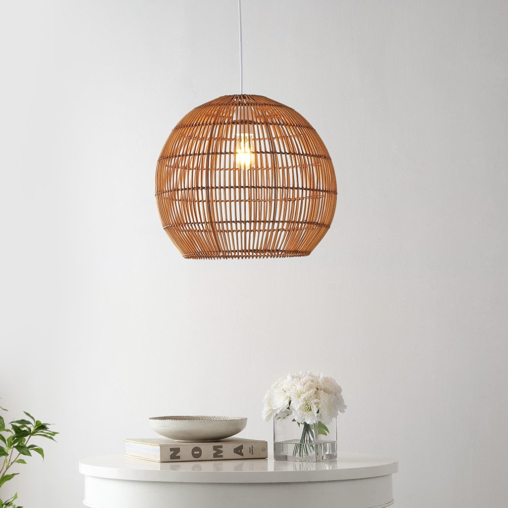 Colette 19" Farmhouse Coastal Rattan 180" Cord Plug-In or Hardwired LED Pendant