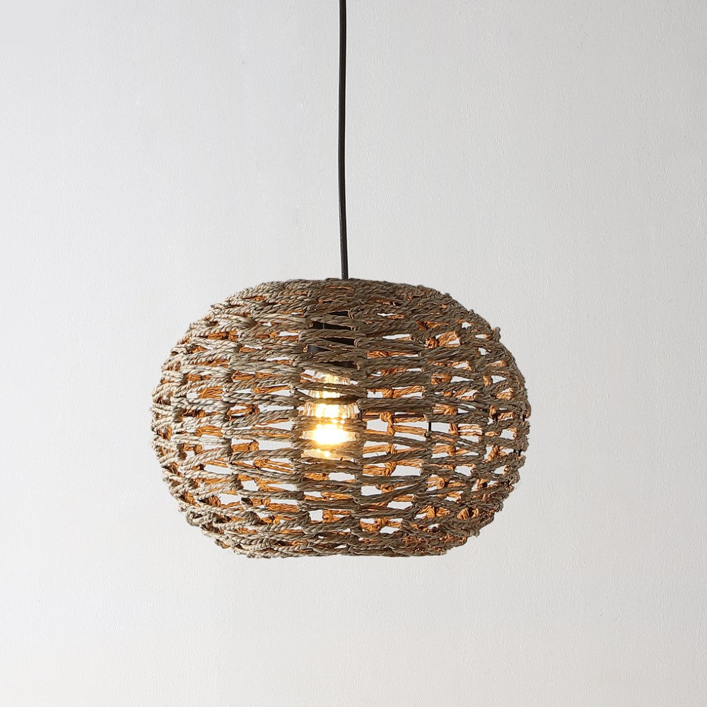 Hoot 14" Farmhouse Coastal Rattan 180" Cord Plug-In or Hardwired LED Pendant