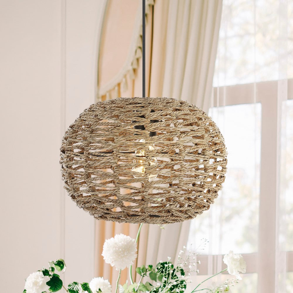 Hoot 14" Farmhouse Coastal Rattan 180" Cord Plug-In or Hardwired LED Pendant