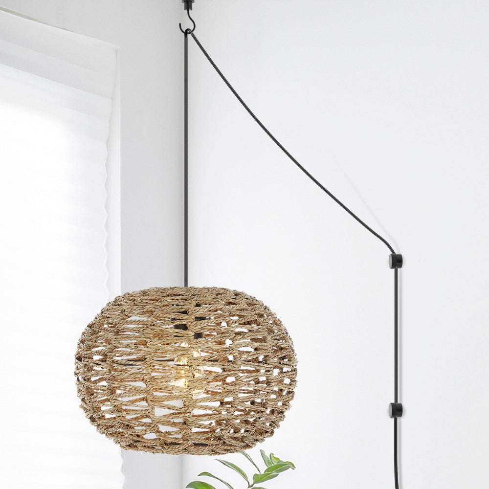 Hoot 14" Farmhouse Coastal Rattan 180" Cord Plug-In or Hardwired LED Pendant