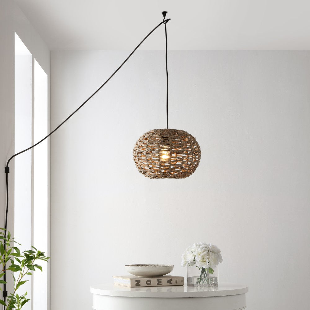 Hoot 14" Farmhouse Coastal Rattan 180" Cord Plug-In or Hardwired LED Pendant