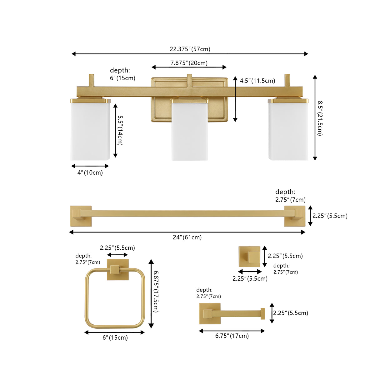 Atocif 22.38" 3-Light Modern Contemporary Vanity Light with Frosted Glass Shades and Bathroom Hardware Accessory Set