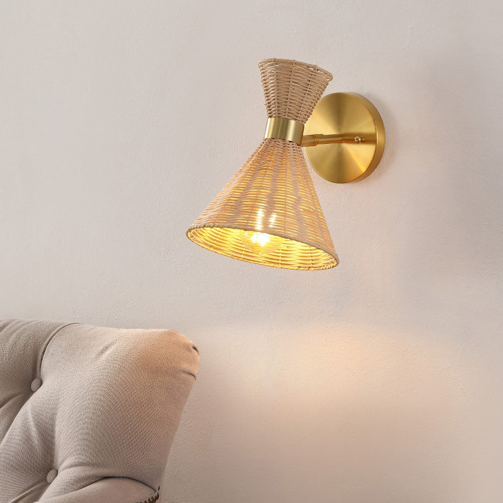 Eirene 10" 1-Light Mid-Century Vintage Retro Rattan/Metal LED Sconce with Adjustable Shade