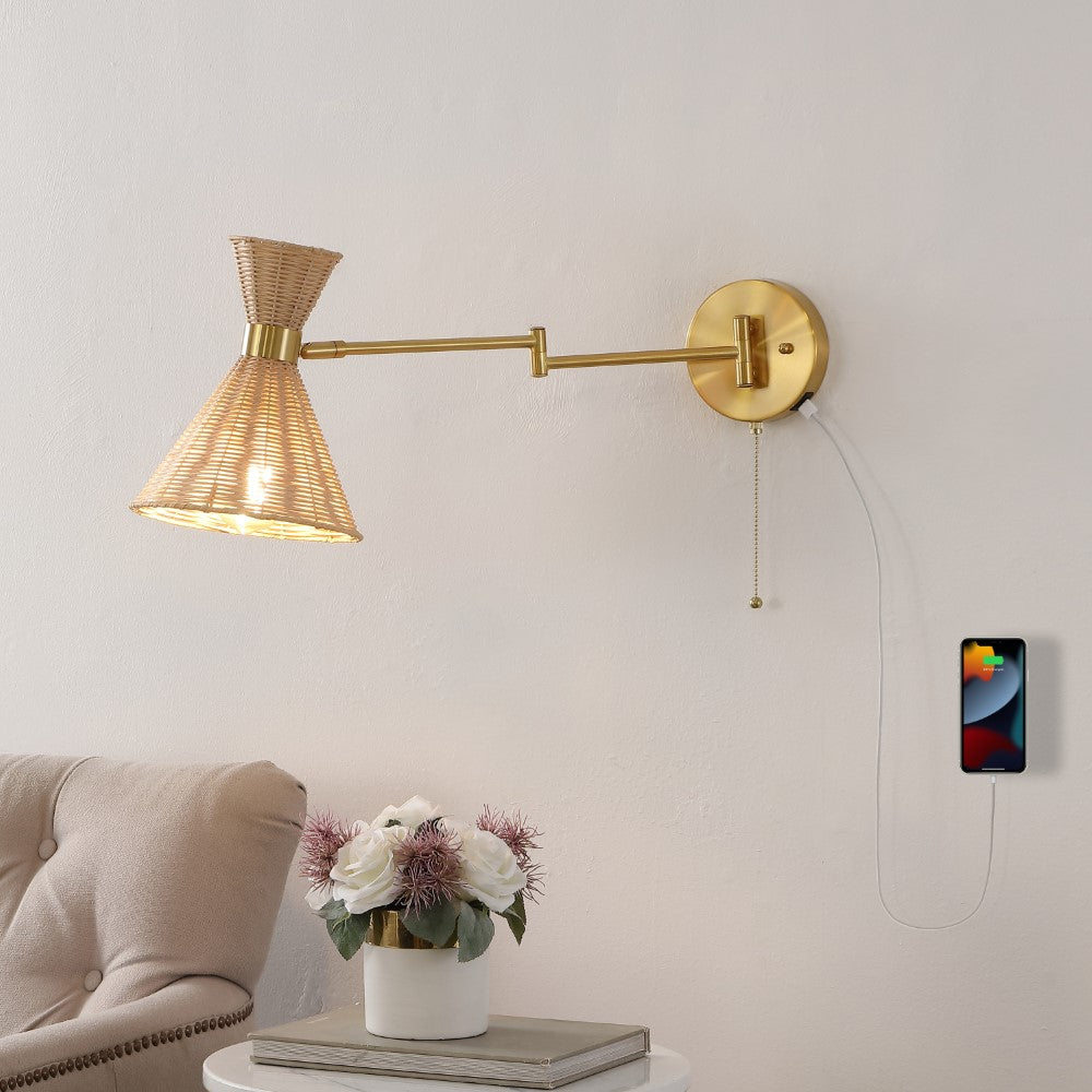 Swing 25" 1-Light Mid-Century Vintage Retro Rattan/Metal USB Charging Swing Arm LED Sconce with Pull Chain