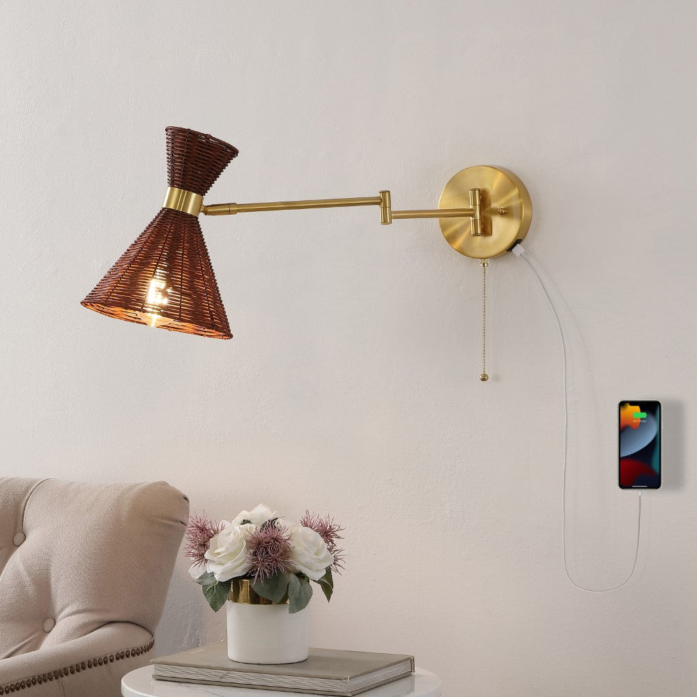 Swing 25" 1-Light Mid-Century Vintage Retro Rattan/Metal USB Charging Swing Arm LED Sconce with Pull Chain