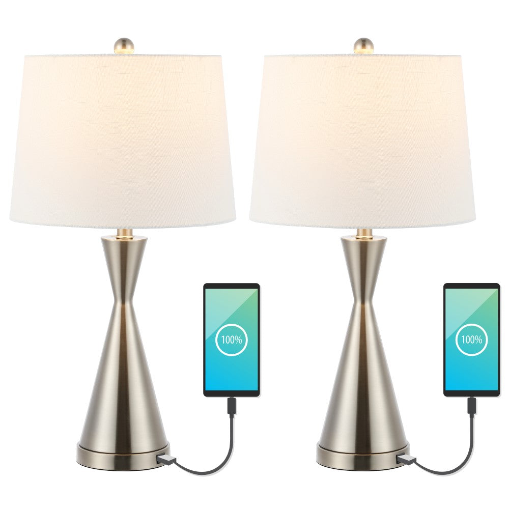 Geoff Brushed 26" Classic French Country Iron LED Table Lamp with USB Charging Port Set 2