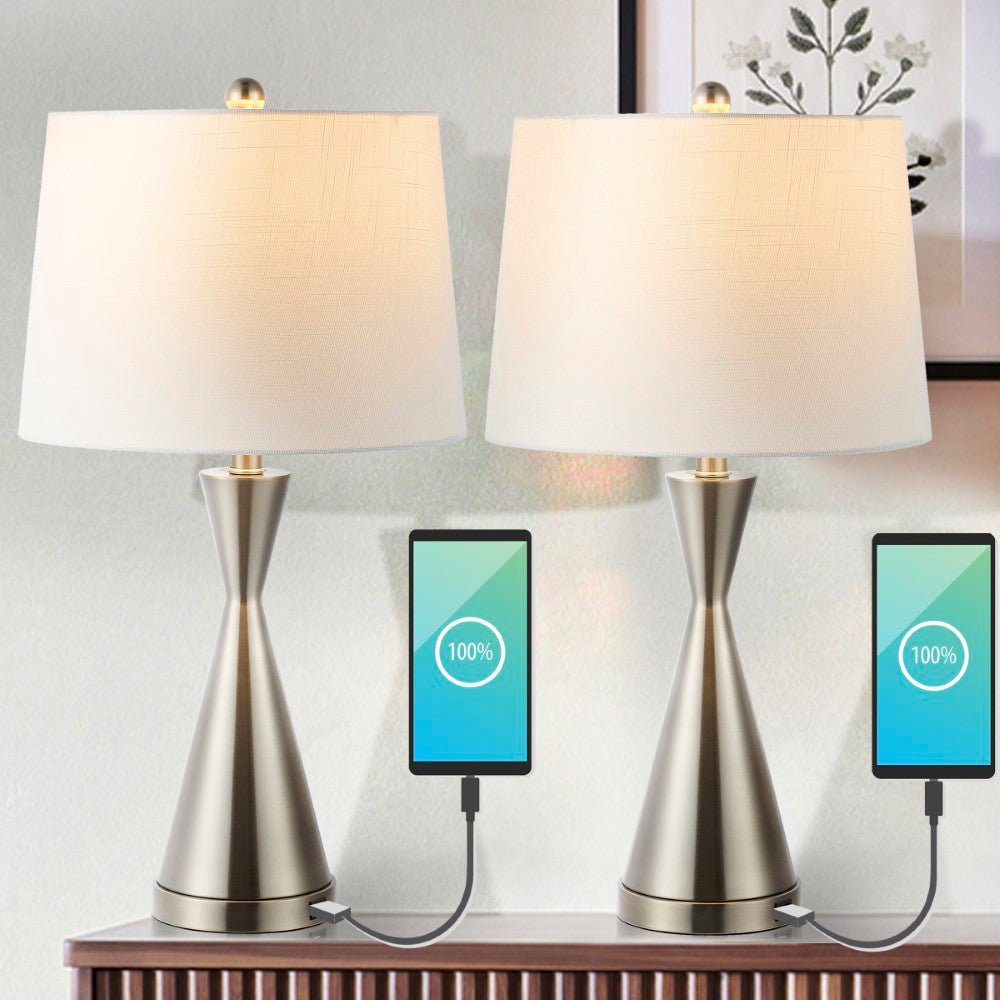 Geoff Brushed 26" Classic French Country Iron LED Table Lamp with USB Charging Port Set 2