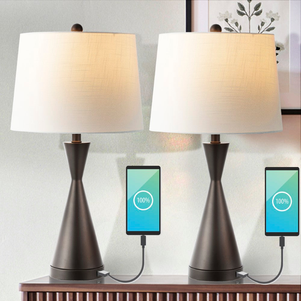 Geoff Brushed 26" Classic French Country Iron LED Table Lamp with USB Charging Port Set 2