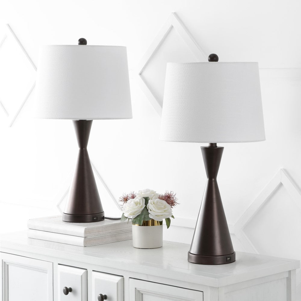 Geoff Brushed 26" Classic French Country Iron LED Table Lamp with USB Charging Port Set 2