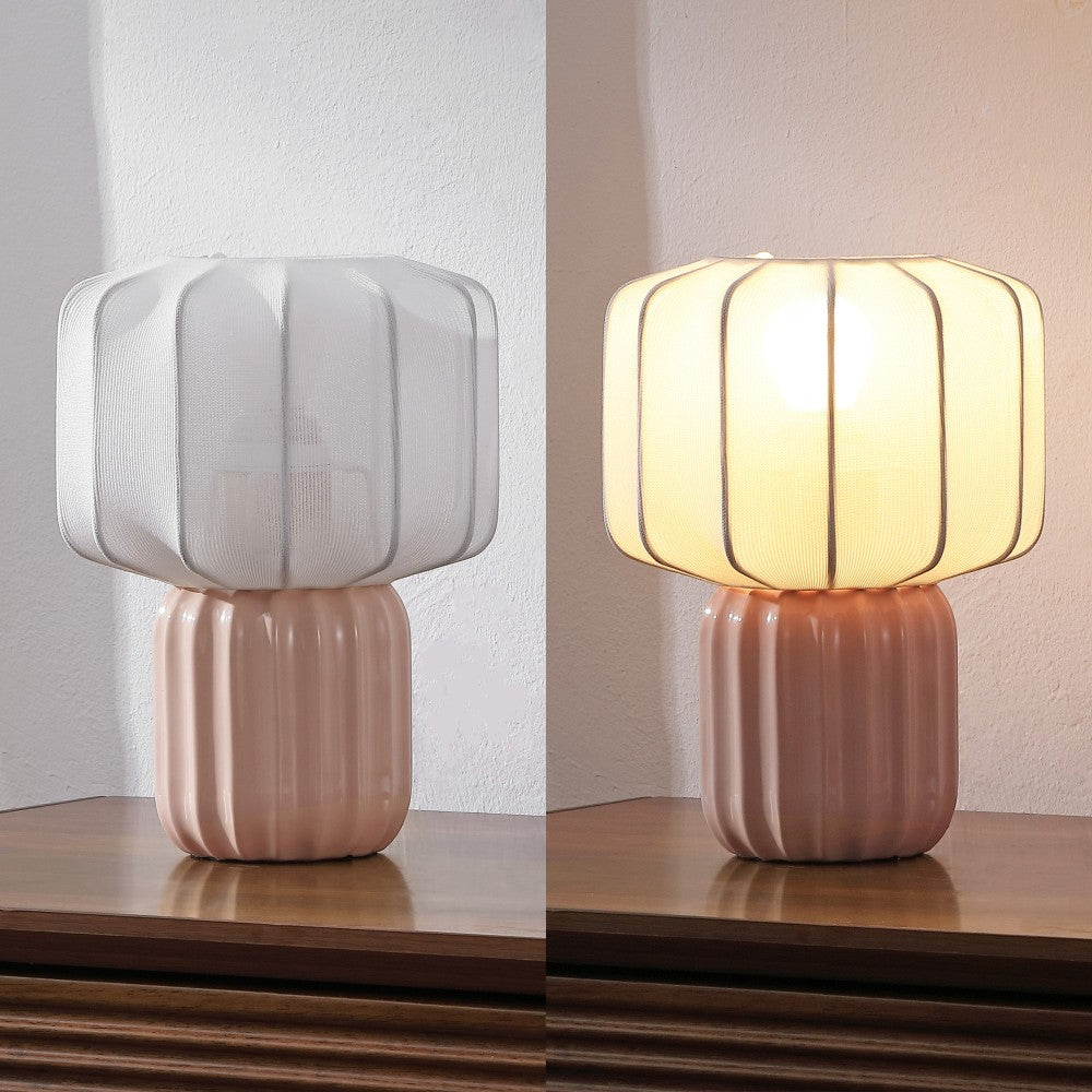 Leola 10 in. Modern Contemporary Ceramic Fluted Mini with Ribbed Cocoon Pumpkin Shade LED Table Lamp