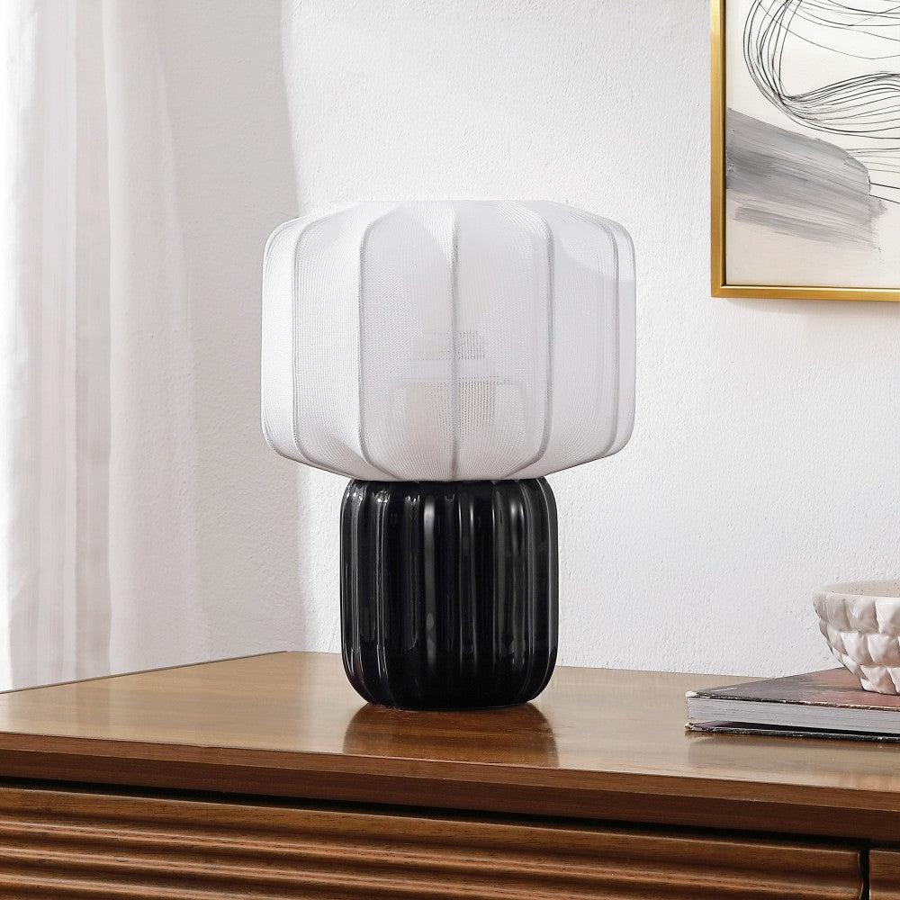 Leola 10 in. Modern Contemporary Ceramic Fluted Mini with Ribbed Cocoon Pumpkin Shade LED Table Lamp