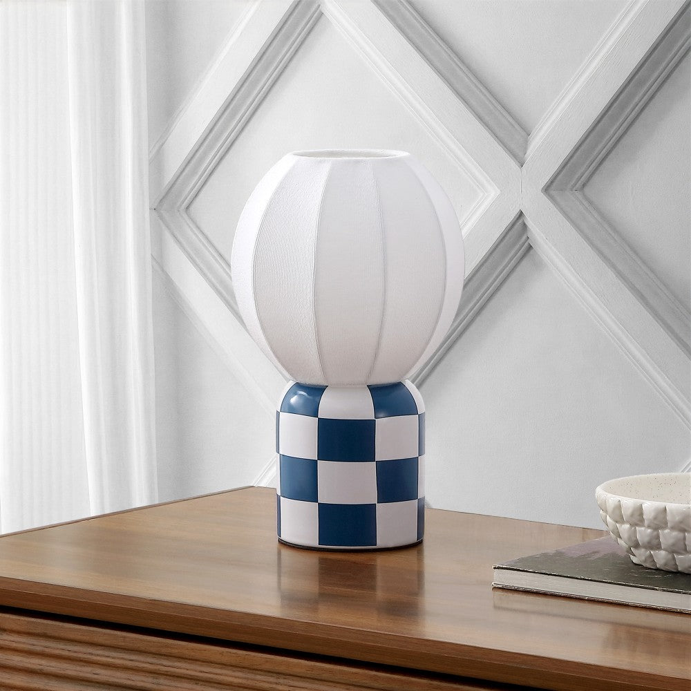 Valarie 10.25" Contemporary Modern Checkerboard Ceramic with Ribbed Cocoon Globe Shade LED Mini Table Lamp
