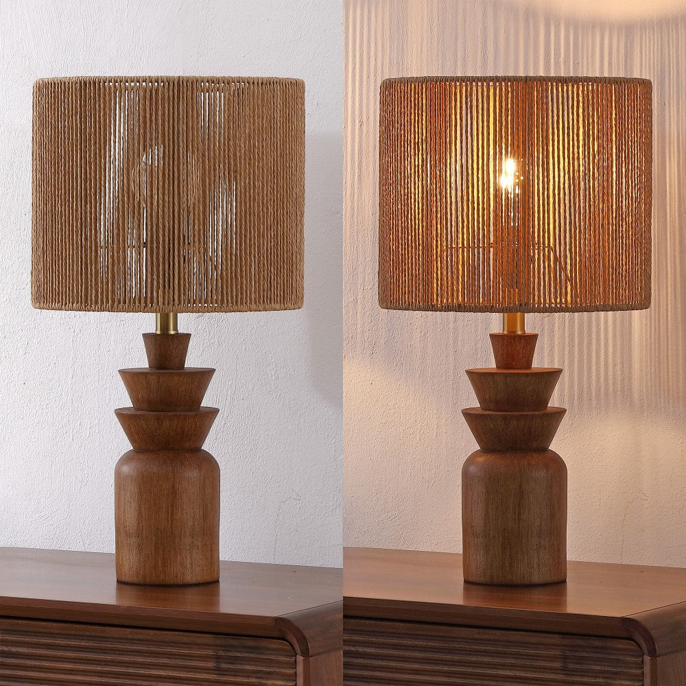 Anderson 22" Bohemian Coastal Tiered Totem Resin with Hand-Woven Paper Rope Drum Shade LED Table Lamp