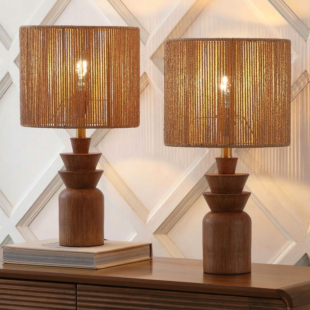 Anderson 22" Bohemian Coastal Tiered Totem Resin with Hand-Woven Paper Rope Drum Shade LED Table Lamp