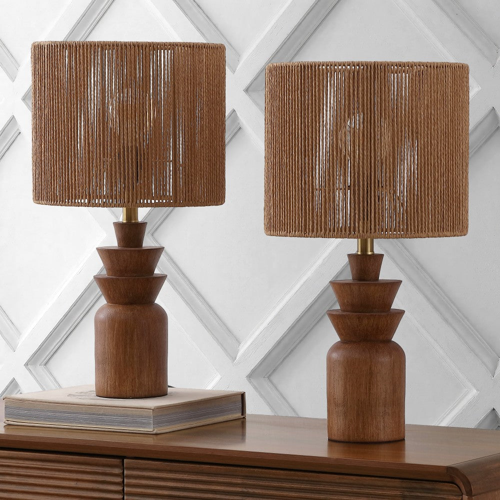 Anderson 22" Bohemian Coastal Tiered Totem Resin with Hand-Woven Paper Rope Drum Shade LED Table Lamp