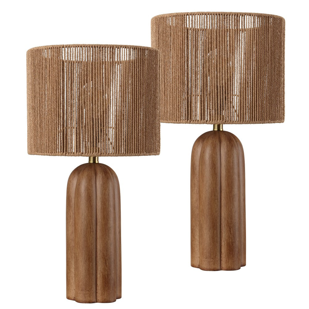 Hazel 24" Bohemian Coastal Fluted Scalloped Cylinder Resin with Hand-Woven Paper Rope Drum Shade LED Table Lamp