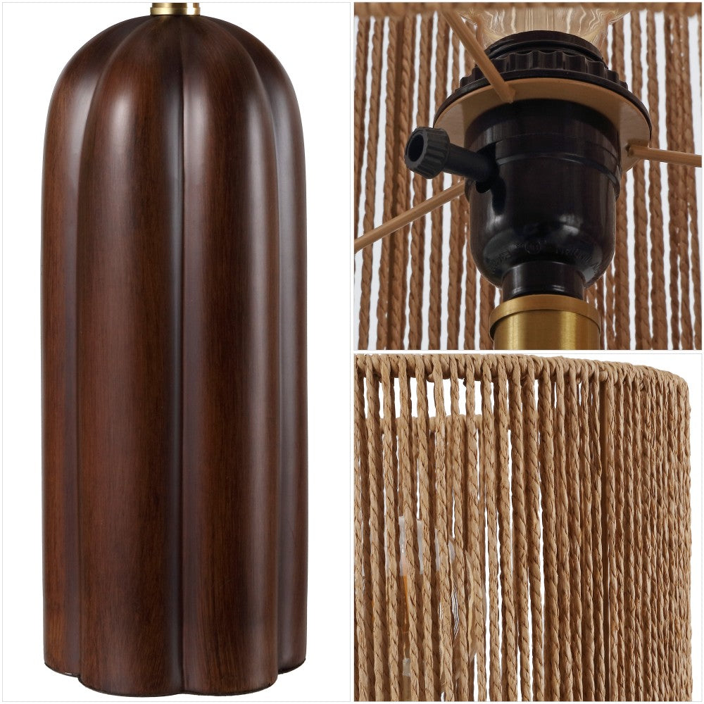 Hazel 24" Bohemian Coastal Fluted Scalloped Cylinder Resin with Hand-Woven Paper Rope Drum Shade LED Table Lamp