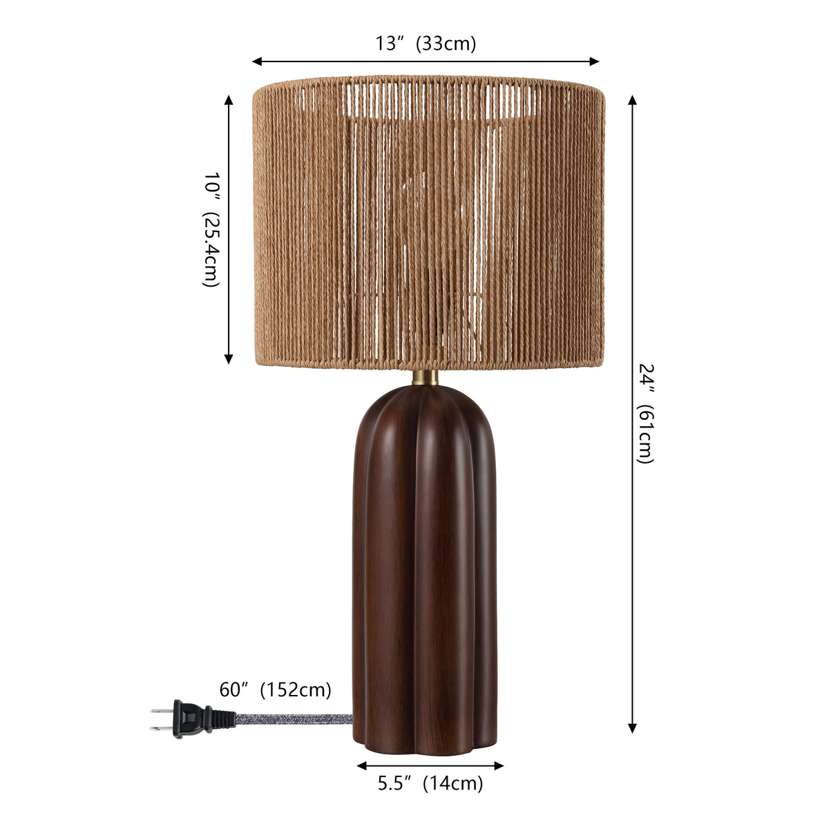 Hazel 24" Bohemian Coastal Fluted Scalloped Cylinder Resin with Hand-Woven Paper Rope Drum Shade LED Table Lamp