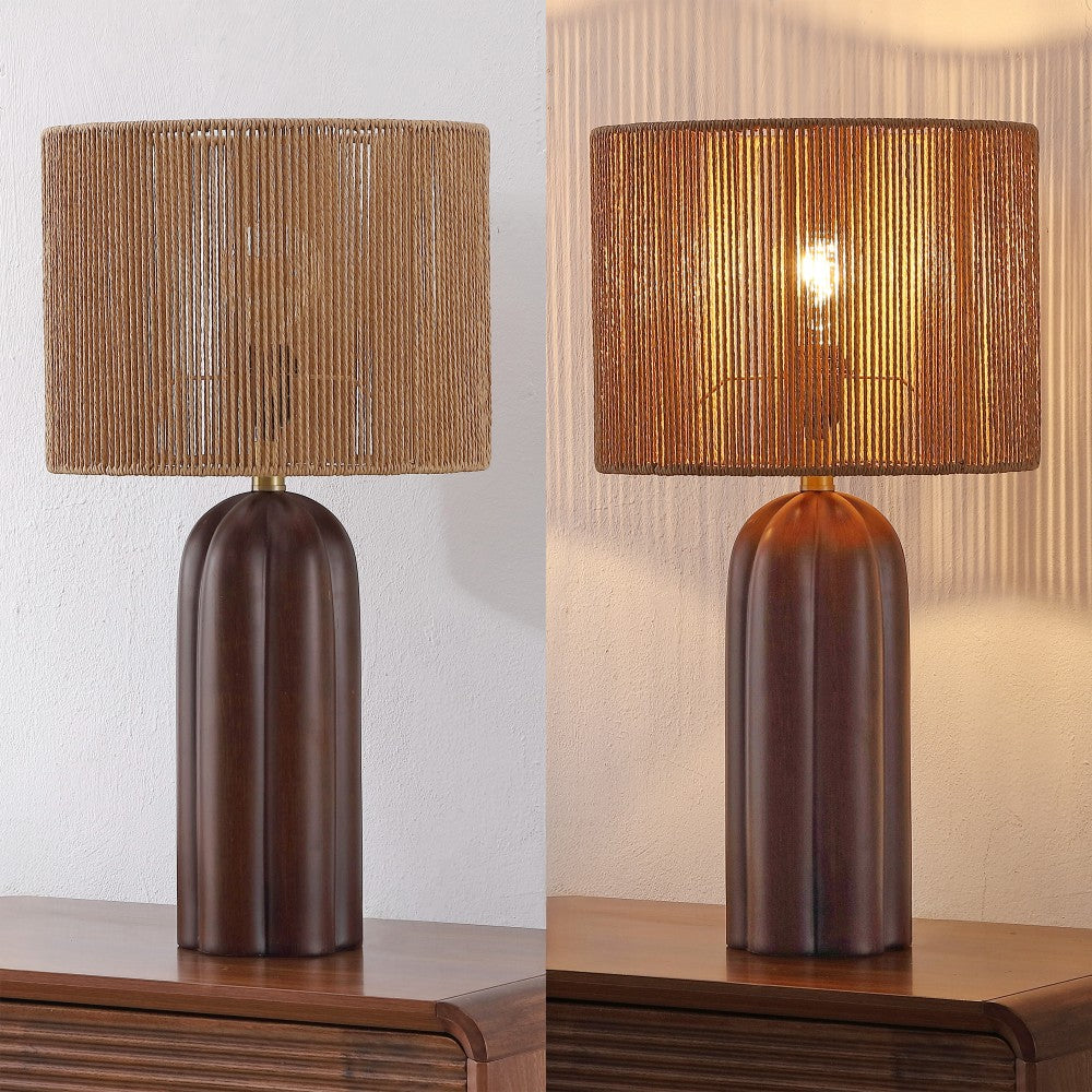 Hazel 24" Bohemian Coastal Fluted Scalloped Cylinder Resin with Hand-Woven Paper Rope Drum Shade LED Table Lamp