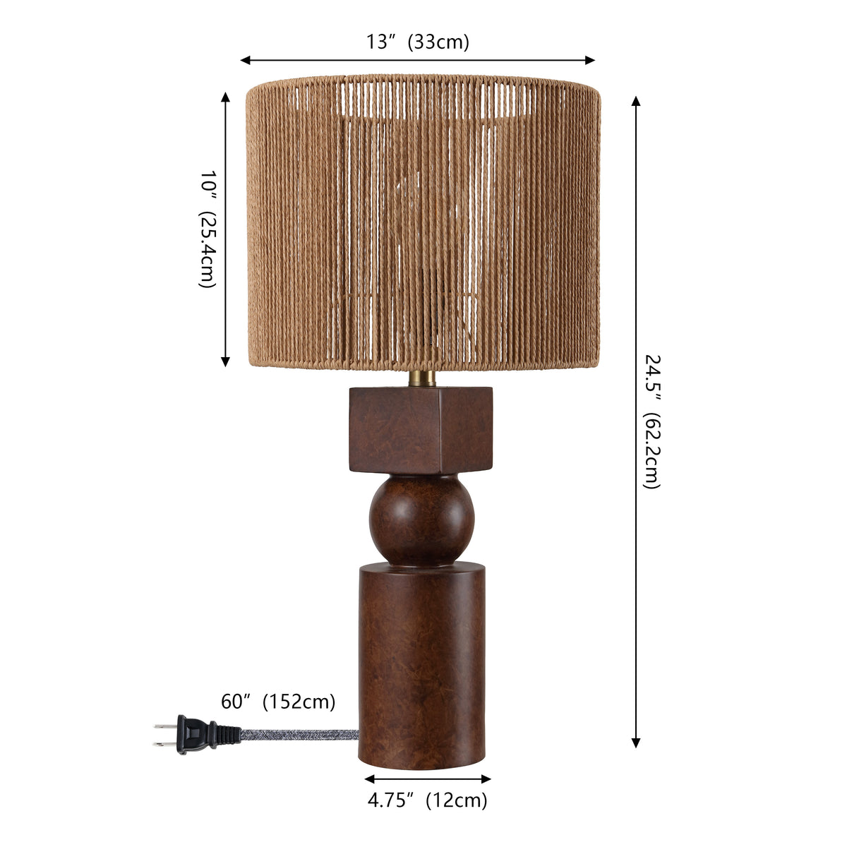 Lilian 24.5" Bohemian Casual Geometric Totem Resin with Hand-Woven Paper Rope Drum Shade LED Table Lamp