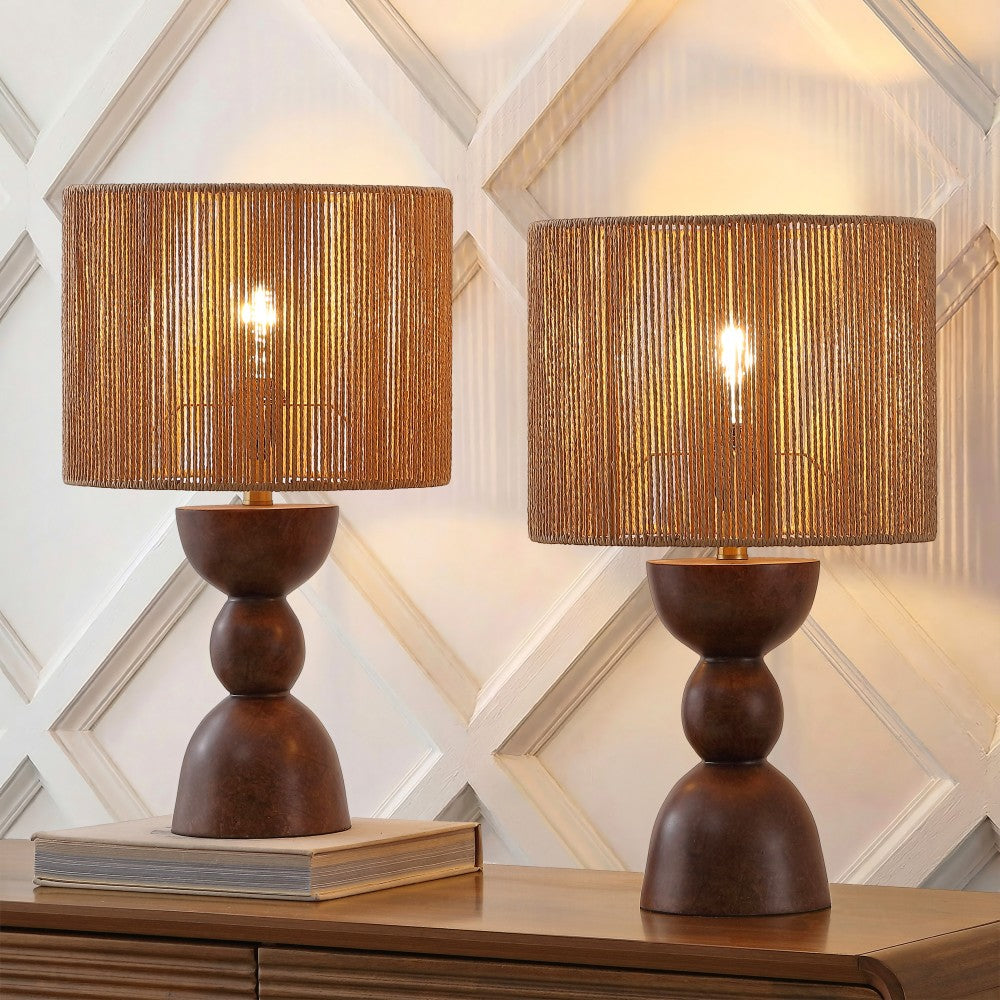 Sherry 22" Bohemian Coastal Hourglass Totem Resin with Hand-Woven Paper Rope Drum Shade LED Table Lamp