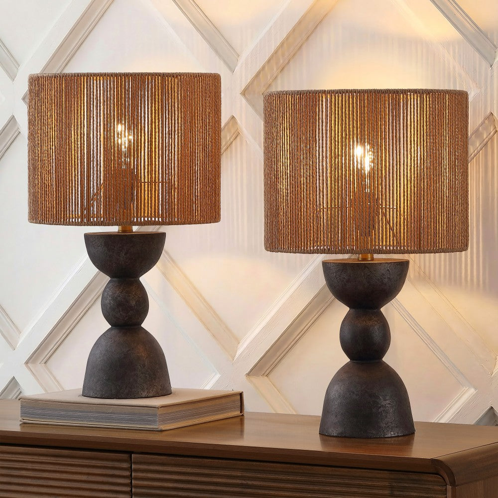 Sherry 22" Bohemian Coastal Hourglass Totem Resin with Hand-Woven Paper Rope Drum Shade LED Table Lamp