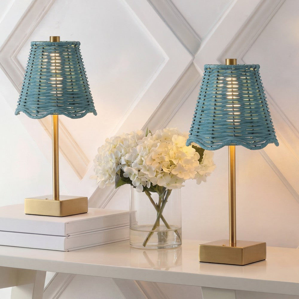 Coastline 11 in. Coastal Bohemian Metal and Water Hyacinth Tapered Cordless Rechargeable Integrated Dimmable LED Table Lamp with Touch Sensor
