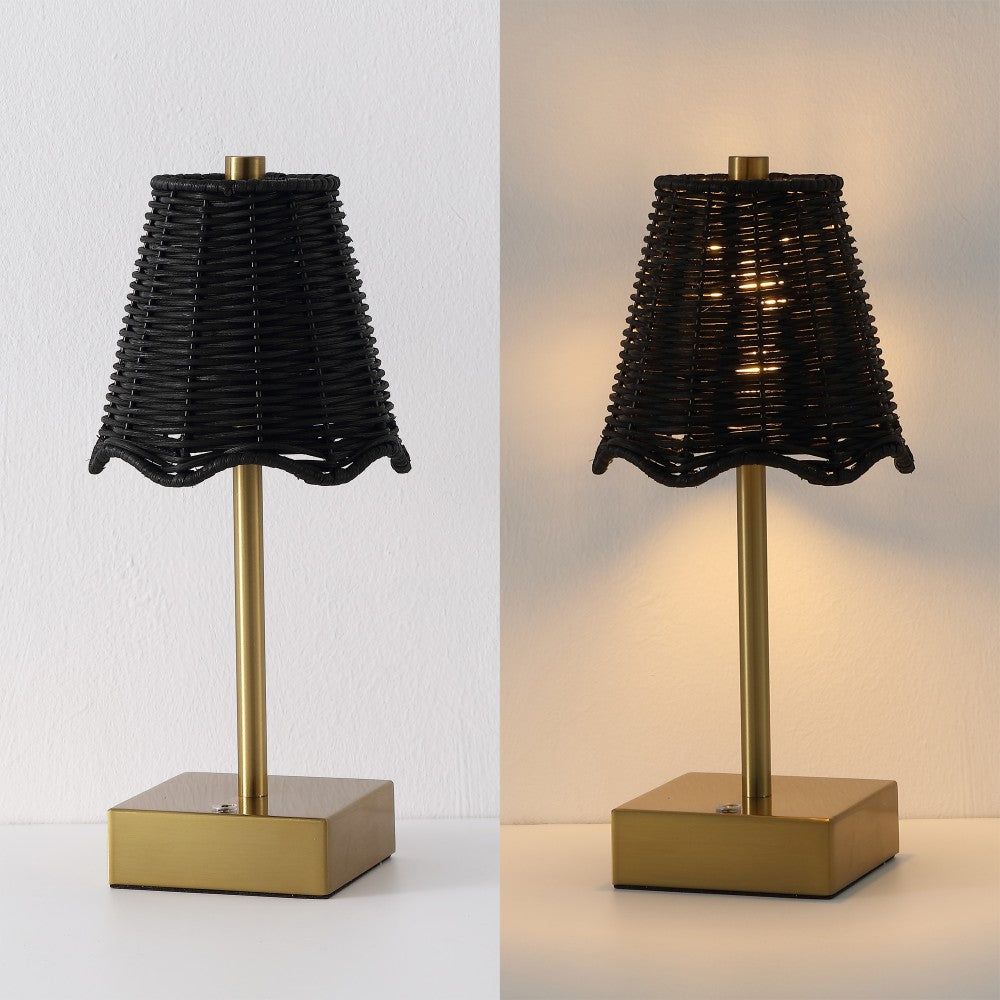 Coastline 11 in. Coastal Bohemian Metal and Water Hyacinth Tapered Cordless Rechargeable Integrated Dimmable LED Table Lamp with Touch Sensor