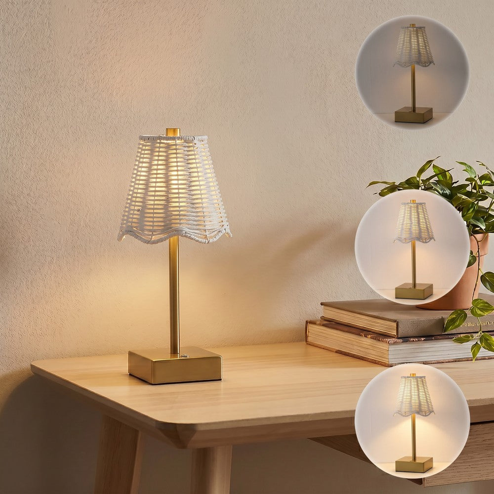 Coastline 11 in. Coastal Bohemian Metal and Water Hyacinth Tapered Cordless Rechargeable Integrated Dimmable LED Table Lamp with Touch Sensor