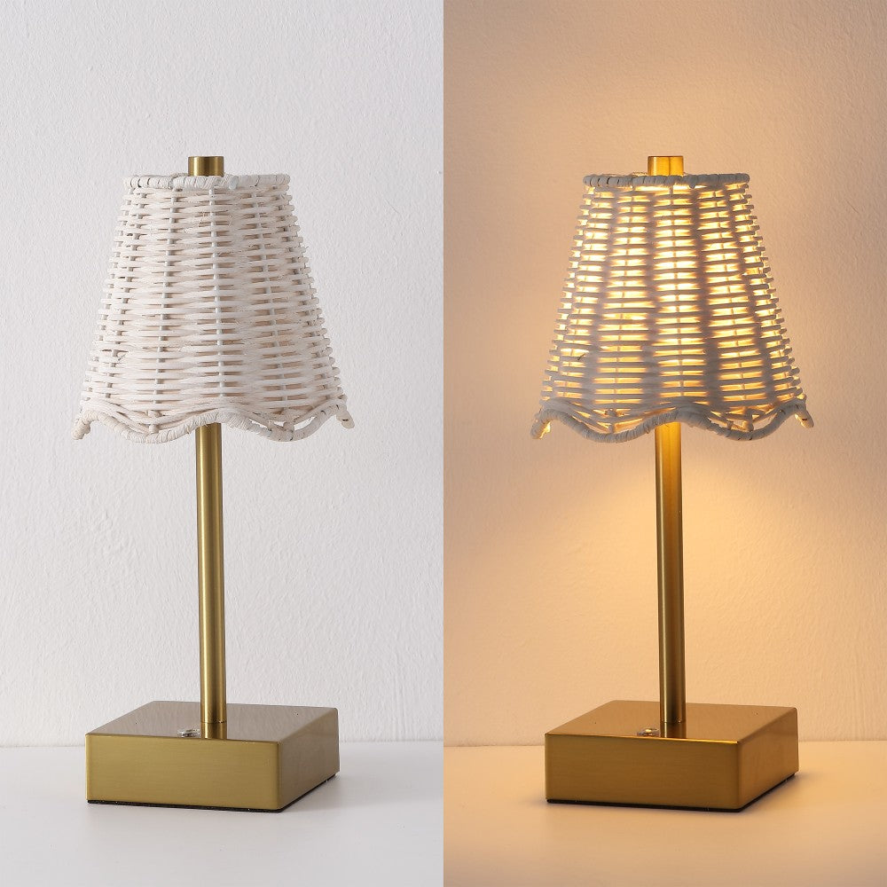 Coastline 11 in. Coastal Bohemian Metal and Water Hyacinth Tapered Cordless Rechargeable Integrated Dimmable LED Table Lamp with Touch Sensor