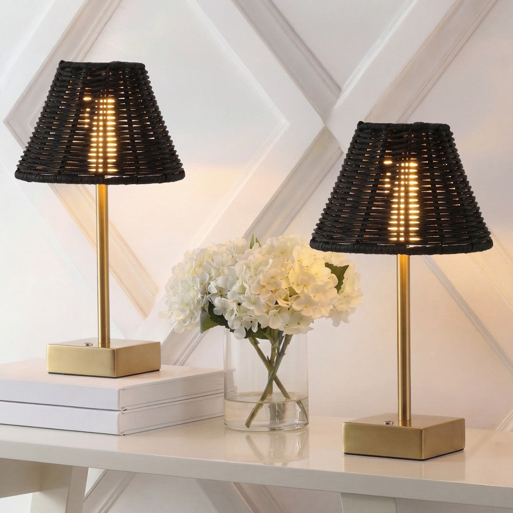 Drift 11.3 in. Coastal Bohemian Metal and Rattan Tapered Cordless Rechargeable Integrated Dimmable LED Table Lamp with Touch Sensor