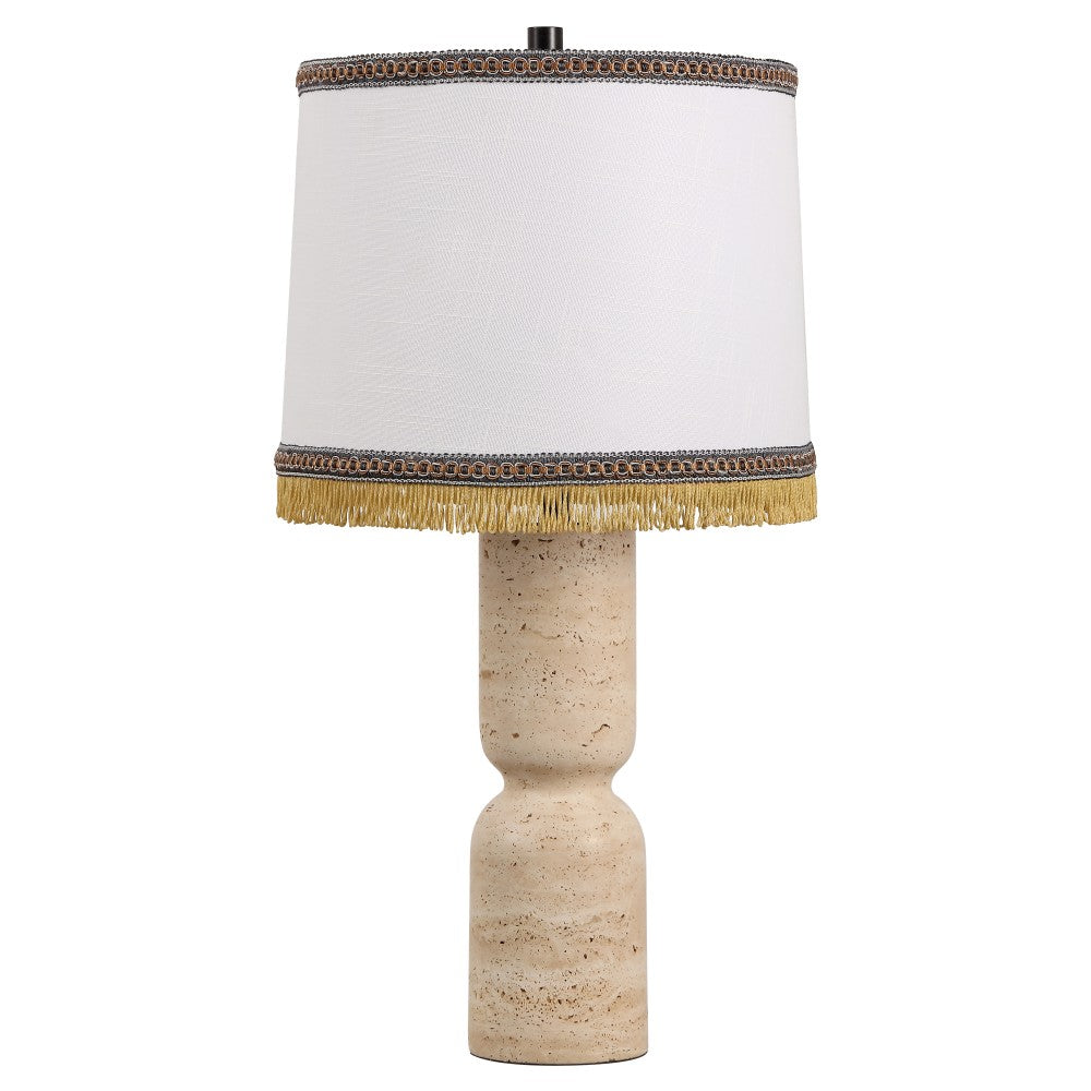 Lacy 25.25" Organic Modern Sculptural Hourglass Travertine Stone with Fringed Drum Shade LED Table Lamp
