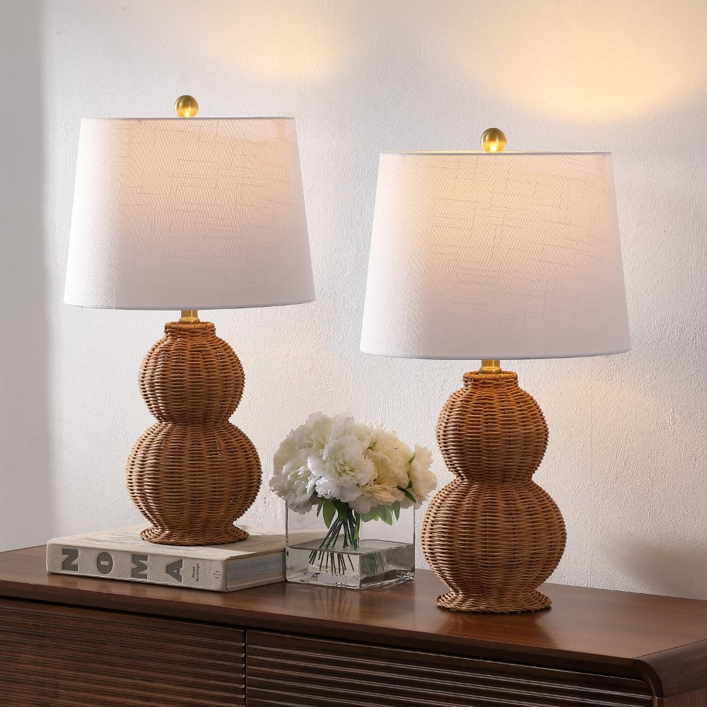 Fawn 23" Modern Coastal Woven Rattan Gourd LED Table Lamp, Set of 2