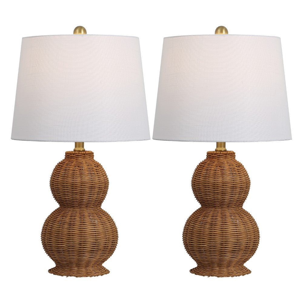 Fawn 23" Modern Coastal Woven Rattan Gourd LED Table Lamp, Set of 2