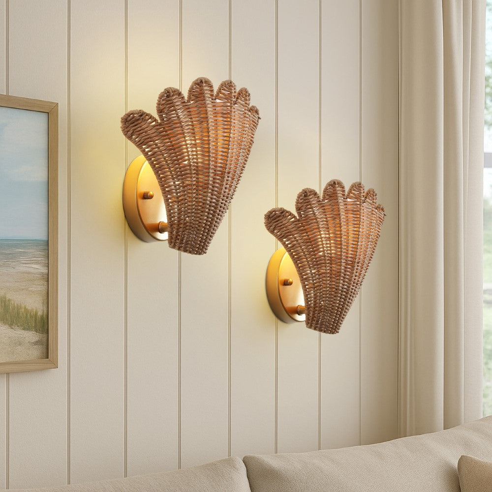 Pine 11.5" Vintage Coastal 1-Light Rattan Scallop Shell LED Wall Sconce Set 2